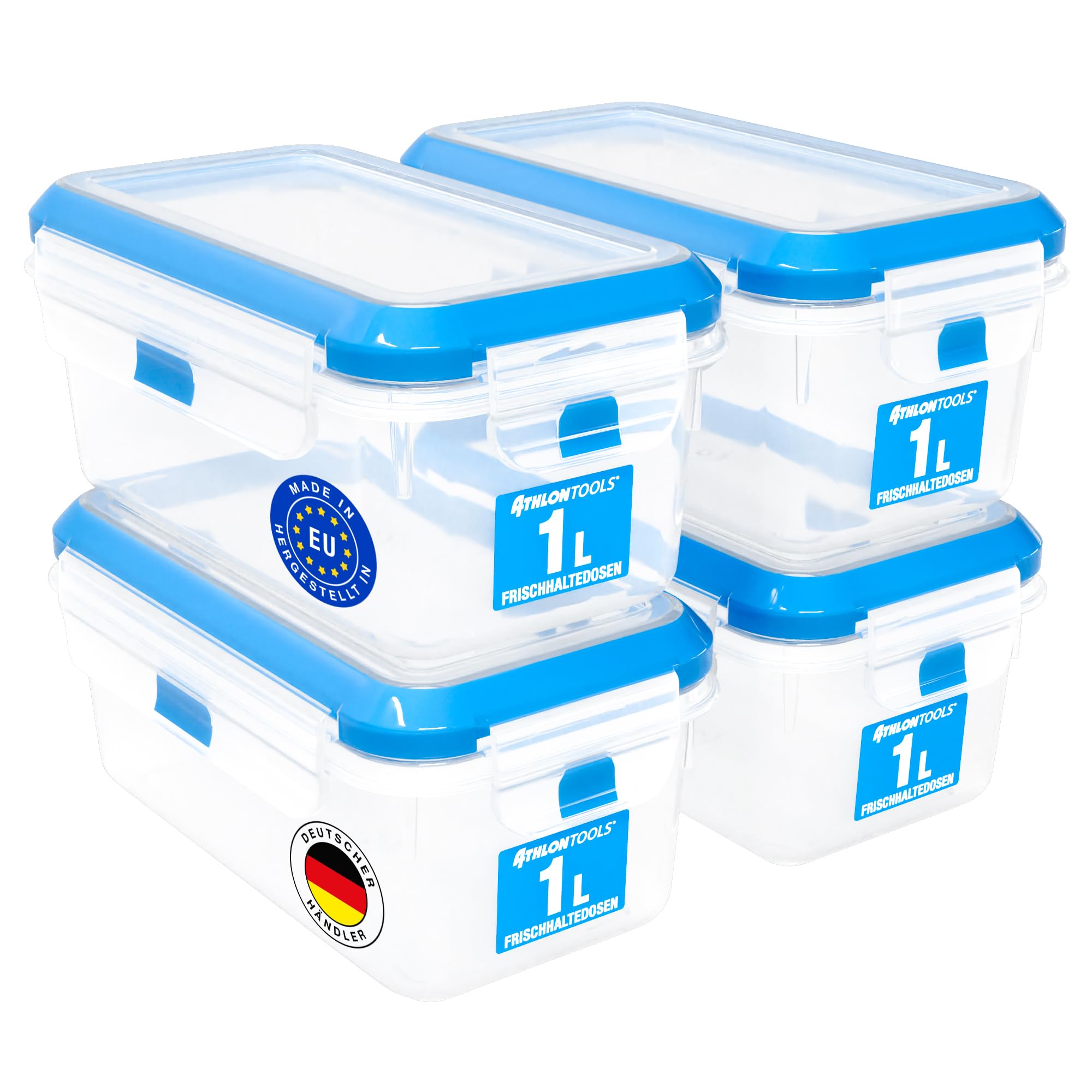 ATHLON TOOLS 4x 1L Frischhaltedosen-Set in Gastro-Qualität - 100% luftdicht und auslaufsicher -40 bis +100 Grad - für alle Lebensmittel - BPA-frei - Vorratsdosen für Kühlschrank (1 L | 4er Set)