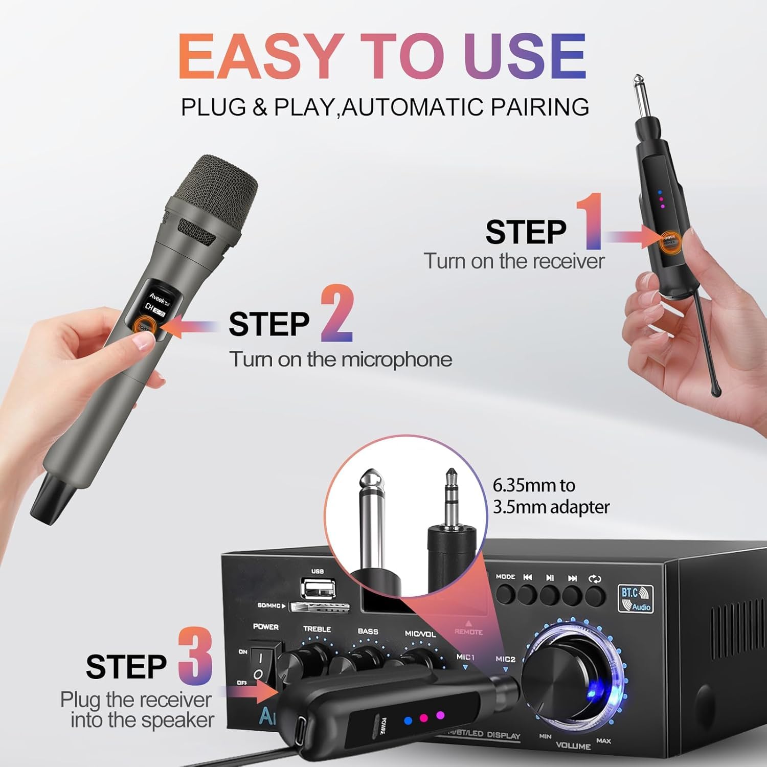 Aveek Kabelloses Karaoke Mikrofon Set 2.4G, Wiederaufladbar mit USB-C, 6,35mm/3,5mm Anschluss, 30m Reichweite, 2er Set