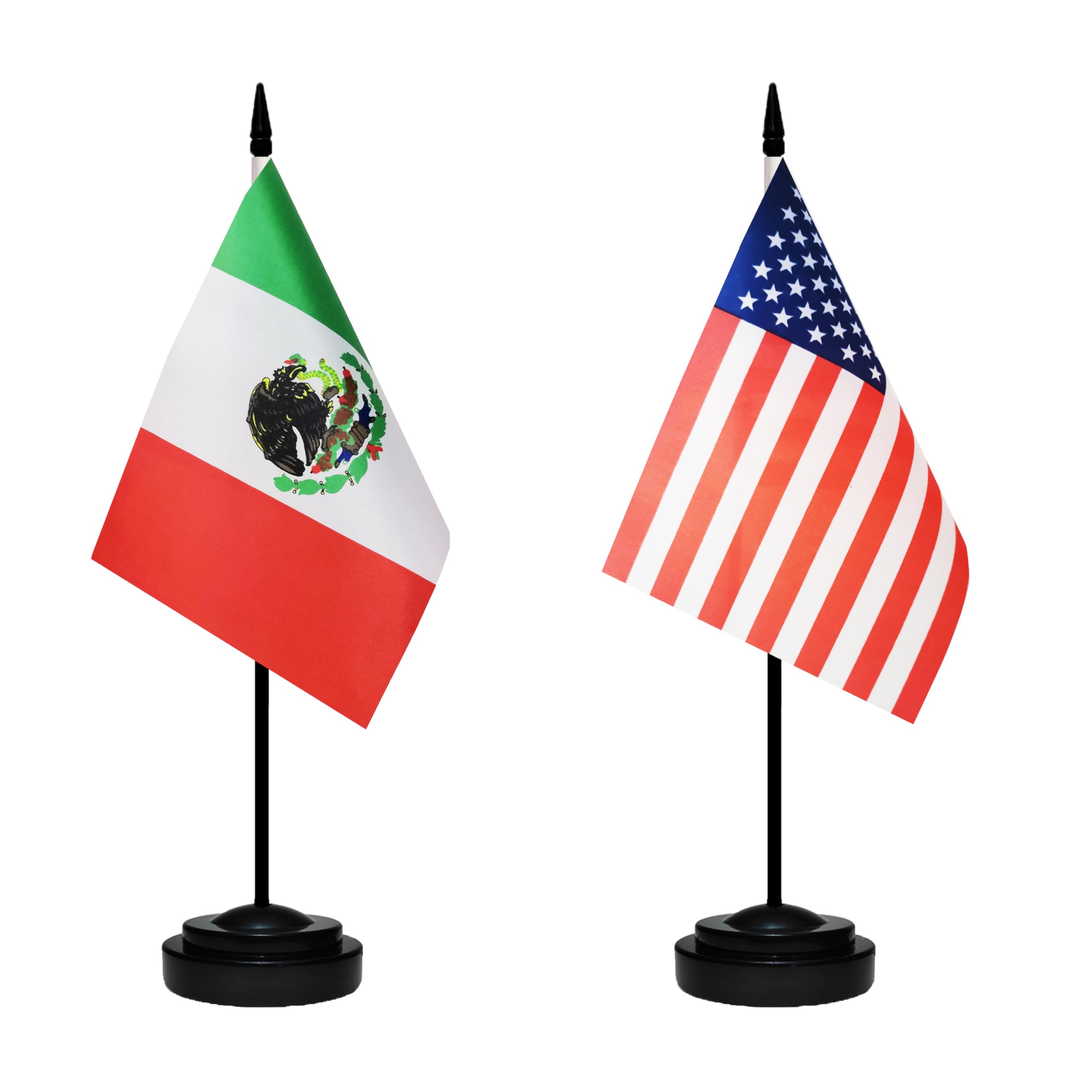 USA American & Mexico Mexican MX Desk Flags, US Mexico Table Flag, Small Mini American & Mexican MX Twin Table Office Flag, Miniature Mexican MX and US Desktop Flag With 13" Solid Black Pole, Black