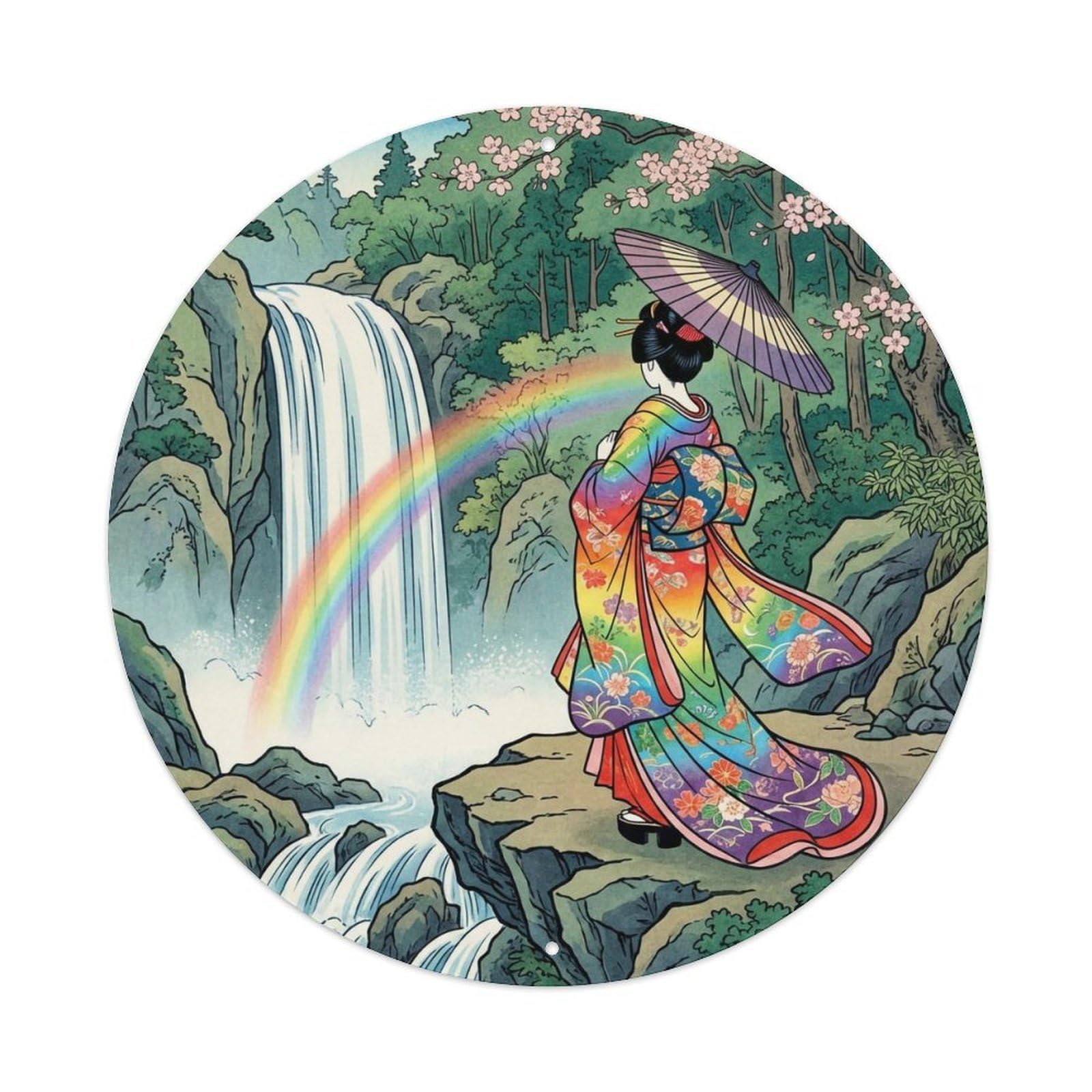 Yrnq 8X8inch Vintage Style Japanese Geisha Waterfall Rainbow Watching Graceful Motif Metal Tin Sign