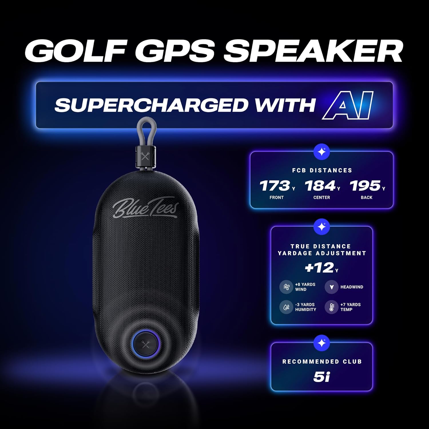 Blue Tees Golf Player Go - Golf GPS Speaker, Powered by AI, Compact GPS Speaker, Auto Course Recognition, Bluetooth Audio, 40,000+ Courses, IPX7 Waterproof, 16+ hr Battery, Built-in Magnetic Strip