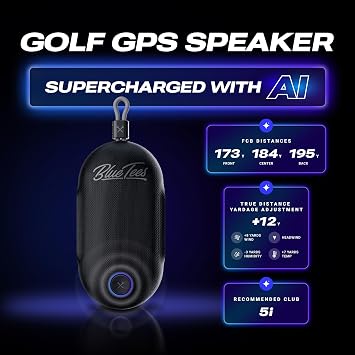 Blue Tees Golf Player Go - Golf GPS Speaker, Powered by AI, Compact GPS Speaker, Auto Course Recognition, Bluetooth Audio, 40,000+ Courses, IPX7 Waterproof, 16+ hr Battery, Built-in Magnetic Strip