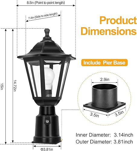 Miniatura 2 de FUDESY Luz de poste con sensor de atardecer a amanecer, farol de poste impermeable con base de montaje en muelle, lámpara de plástico exterior, para