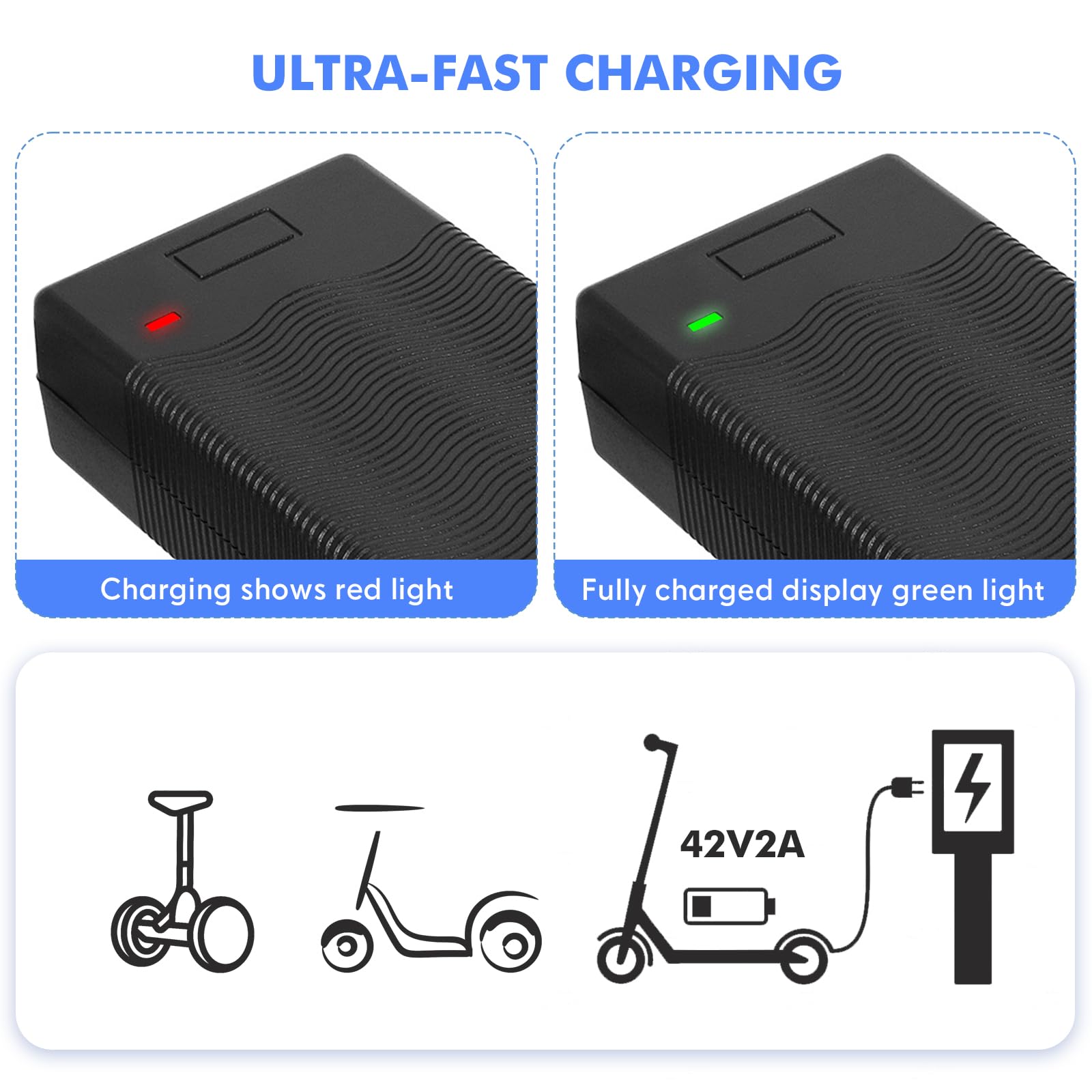 42V 2A Caricatore Monopattino Elettrico，36V Caricabatterie Universale Batterie Litio per Bici Elettrico，Caricatore rapido per Bici Elettrica, Scooter Elettrici DC2.1×5.5MM