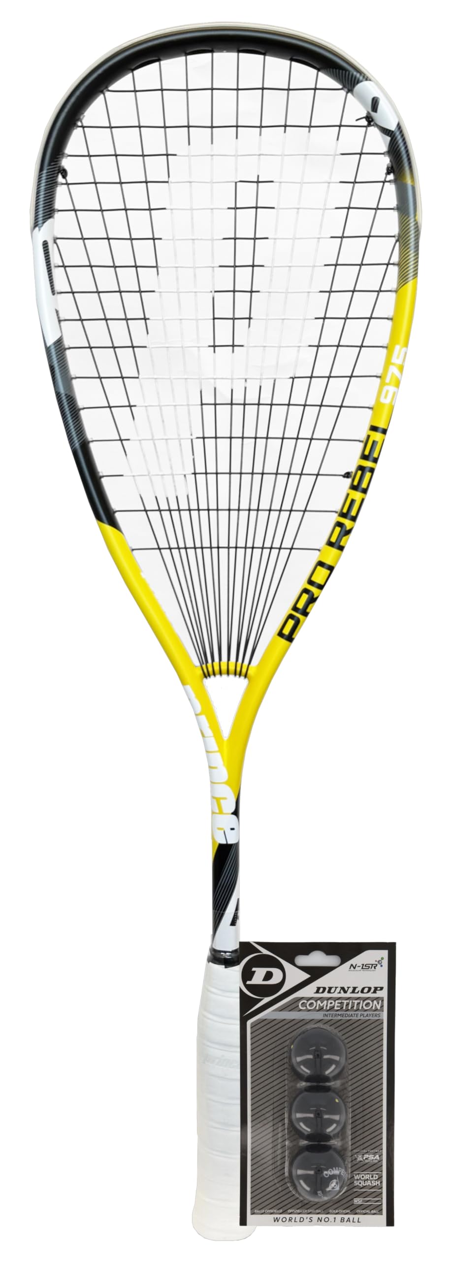 Prince Pro Rebel 975 O3 Squash Racket including Full Protective Cover & 3 Squash Balls (Pro Rebel 975 O3 + Comp Balls (Single Yellow Dot))