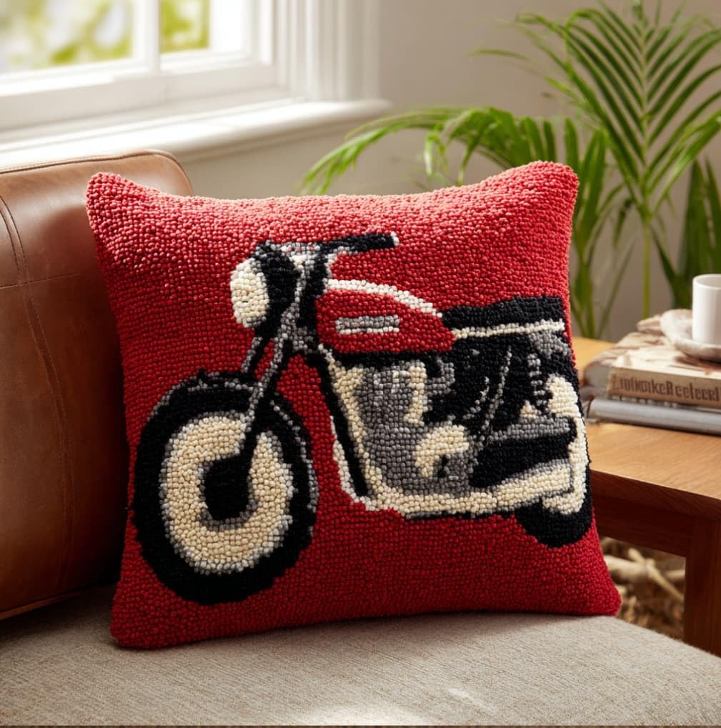 WallustrioaW Latch Hook Pillow Case Kits,Motorcycle 17X17 Inch Latch Hook Cushion Cover Kit,Knitting Kits Cushion for Adults Rug Making Kit for Starters