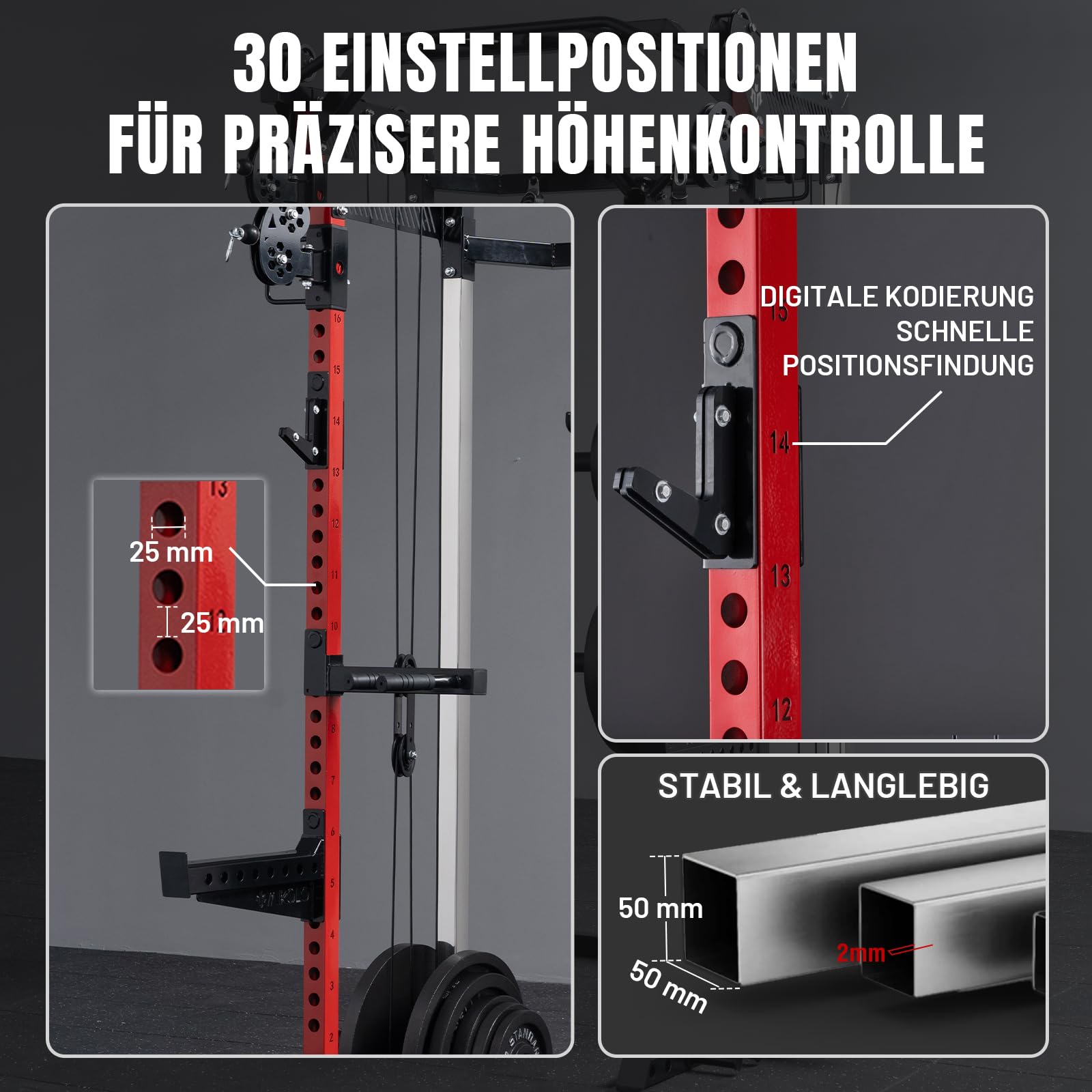 Power Cage, Power Rack mit Latzugstange, Kabelzugstation mit J-Hacken, Landmine, Band Peg, Battle Rope Seil, Squat Rack mit 680kg maximaler Belastung für das Heim-Fitnessstudio