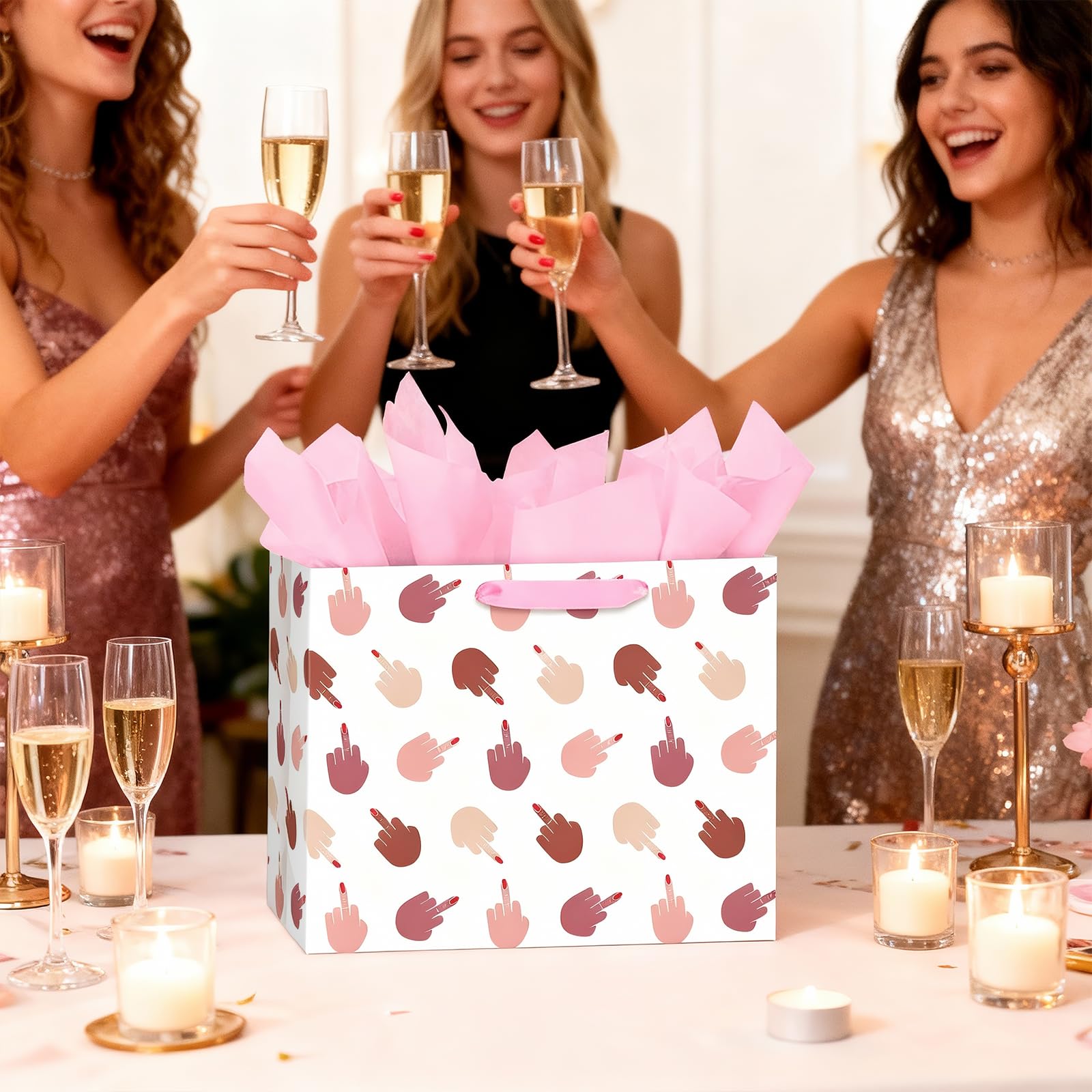 Loveinside 13" Large Funny Middle Finger Gift Bag, Bold Hand Gestures Pattern Gift Bag with Tissue Paper for Friends, Women, Adult Humor, Birthday, Bachelorette, Prank Gifts, 13" x 5" x 10", 1 Pcs