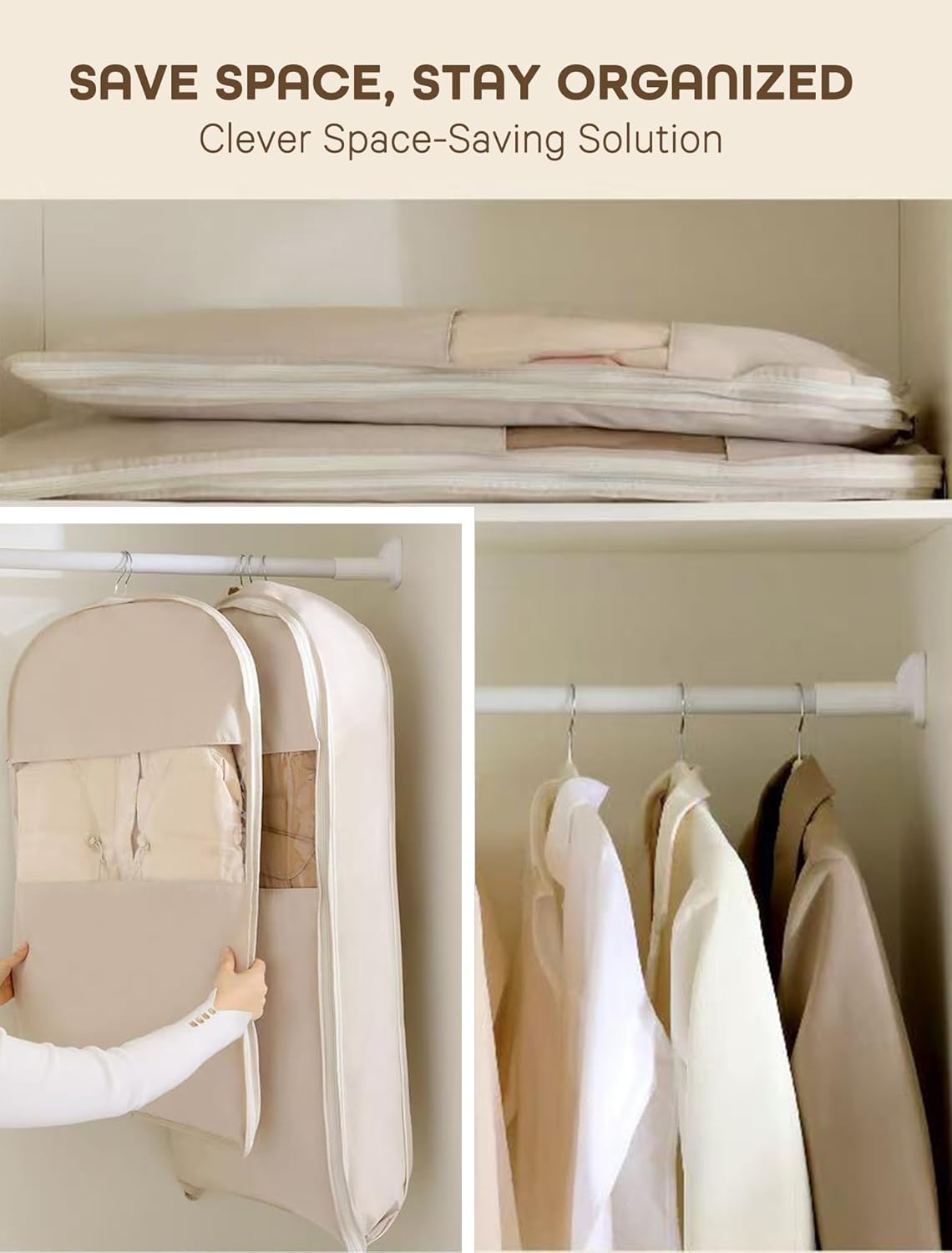 Space Saving Hanging Garment Bag with Self Compression Zipper 3pcs M+L+XL with Large Clear Window Oat Beige Closet Organizer Otherwise Space-saving Compression Garment Bag