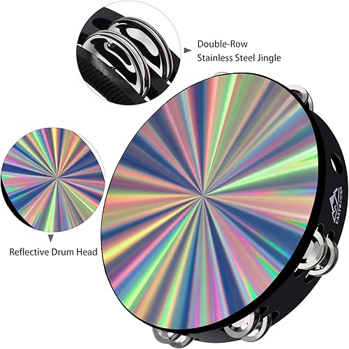 Miniatura 10 de EASTROCK Tambor de mano radiante pandereta de 8 pulgadas, doble fila, instrumento musical reflectante para niños, adultos, iglesia, fiesta de KTV