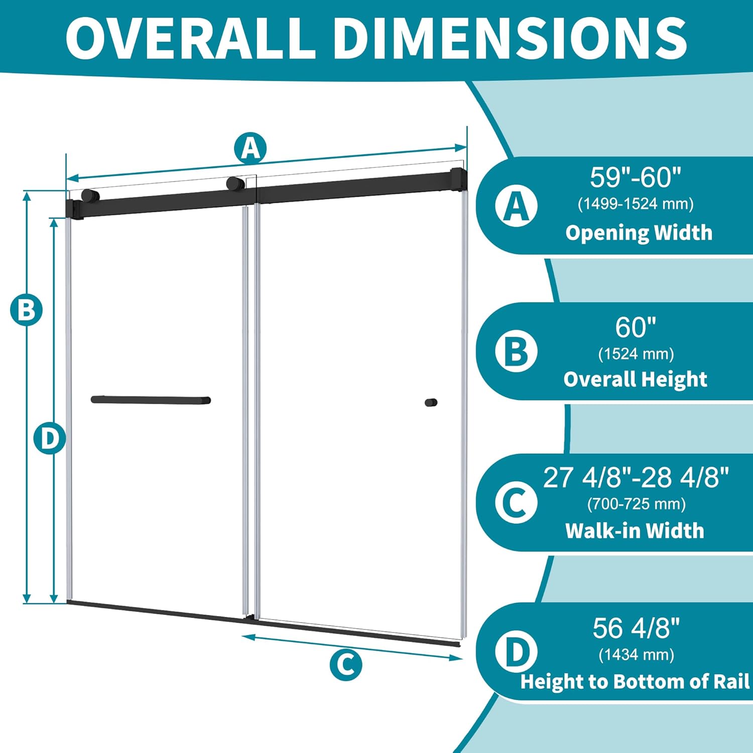 Frameless Double Sliding Tub Shower Door 59-60" W x60 H, 5/16" (8mm) Thick Easy-Clean Tempered Glass, Easy Installation, Safety Tested Glass Tub Doors Matte Black