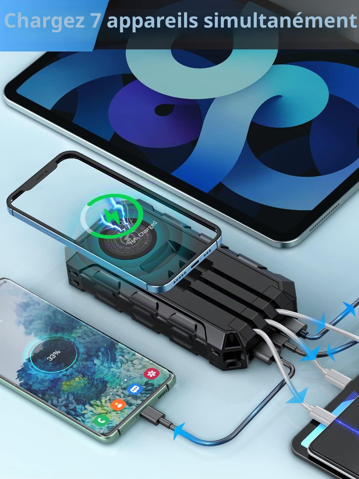 Power Bank, 49963 mAh, batterie solaire sans fil, chargeur rapide portable avec câble intégré, 7 sorties/2 entrées, avec lampe de poche/affichage LED pour smartphone