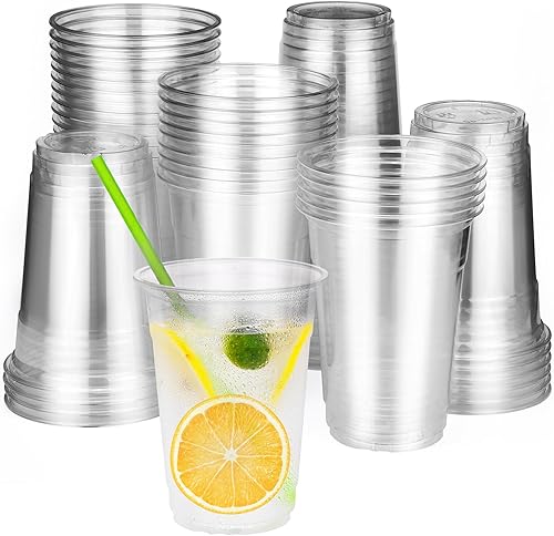 Miniatura 1 de Vasos de plástico transparente de 12 onzas con tapas planas, vasos de plástico desechables para bebidas frías, vasos de plástico desechables para