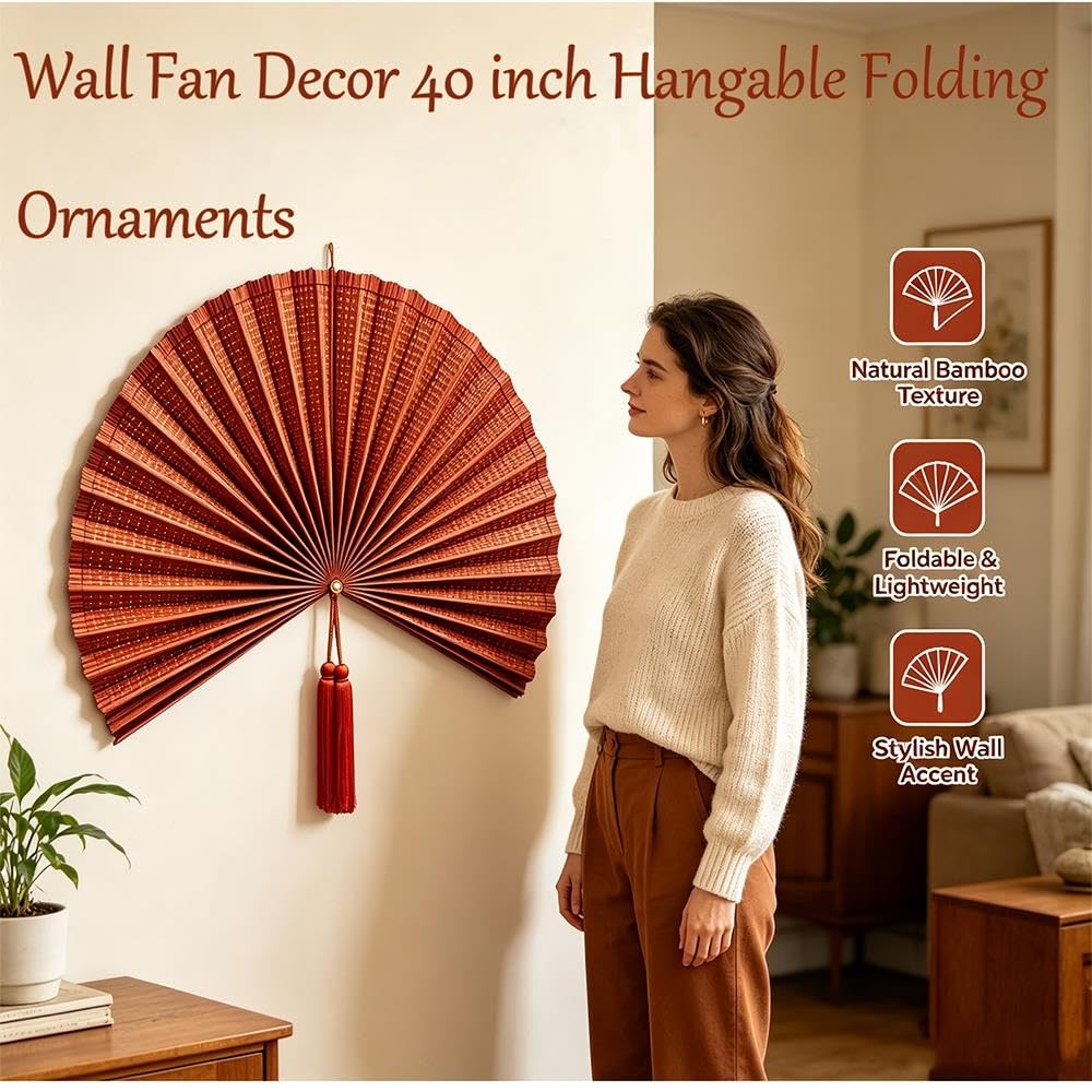 Abanico bambú colgante 40", decoración pared plegable