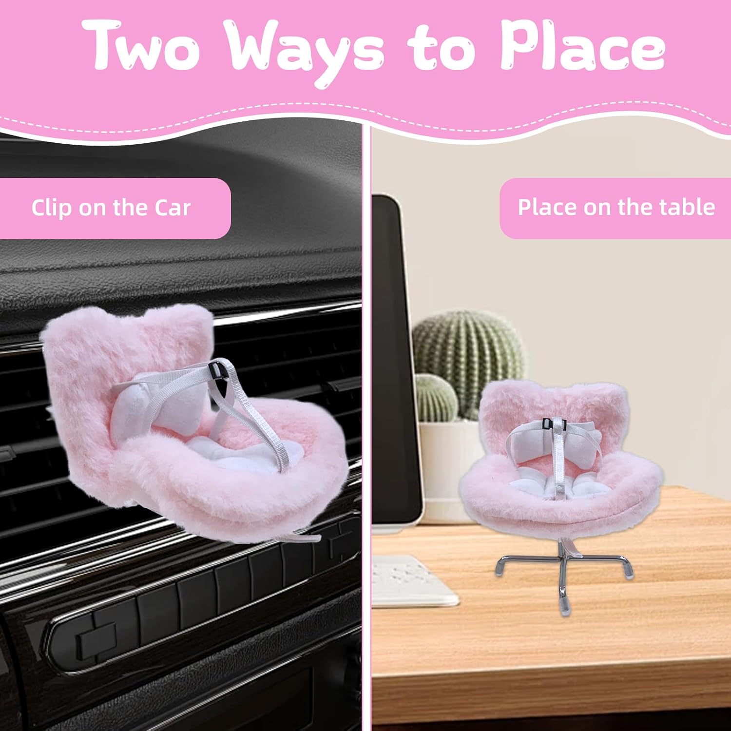 Doll Car Seat for 17cm Dolls with Soft Furry Cushion Air Vent Clip Desktop Stand, Mini Seat Display Stand Pink Car Ornament for Plush Doll Fans Collectors Baby Dolls for Girls