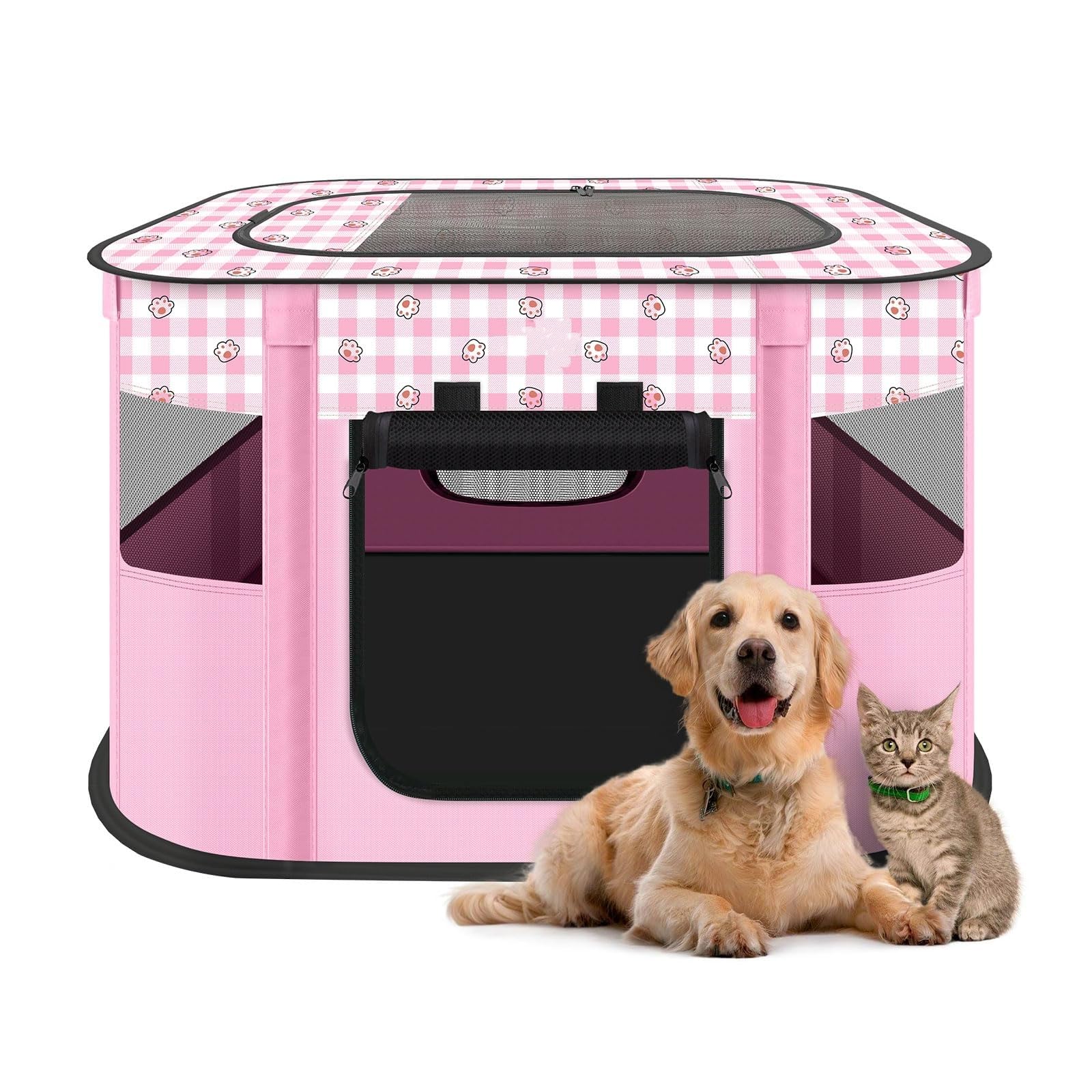 Foldable Pet Playpen, Portable Dog Cat Rabbit Pig Puppy Playpen, Collapsible pet Kennel Cage, Sturdy pet Tent, Pet Breeding Room, Pet Playground Indoor (pink)