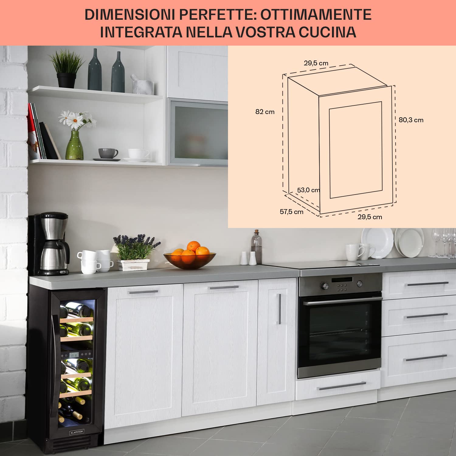 KLARSTEIN Cantinetta Vino Design da Incasso, Refrigerata a Zona Doppia per Vino Rosso, Bianco e Birra, Frigo per Esterno/Interno, 53L, 17 Bottiglie