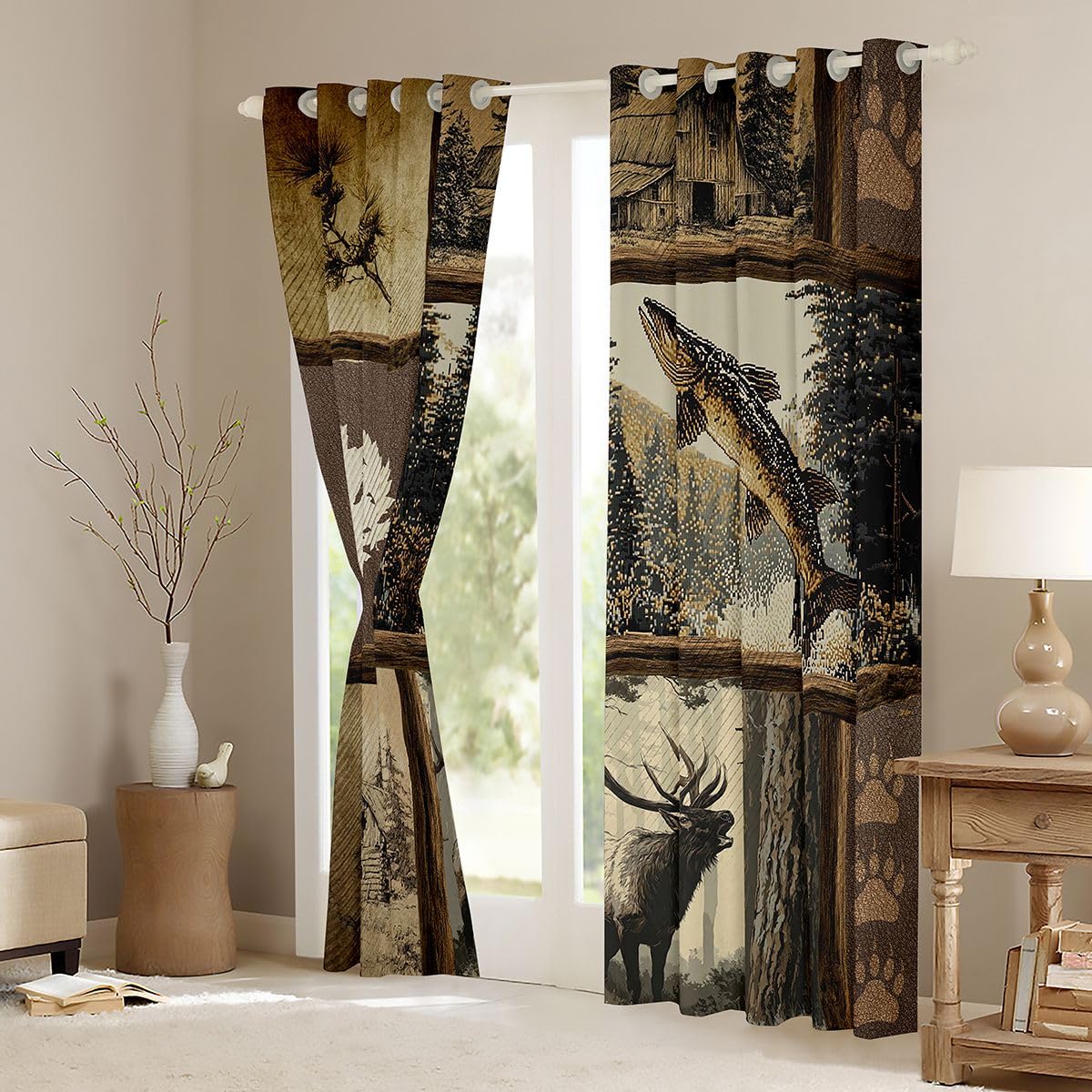 Homewish Zasłony okienne do wędkowania i polowania, 117 x 183 cm, 2 zestawy paneli - wędkarskie rustykalne zasłony zaciemniające patchworkowe dzikie zwierzęta nadruk zasłony okienne zasłony męskie