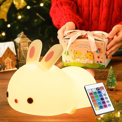Miniatura 22 de Luz de noche LED para niños, portátil de conejito de silicona suave, recargable, cambia de color Regalos de conejo[Control remoto],Naranja,Amarillo