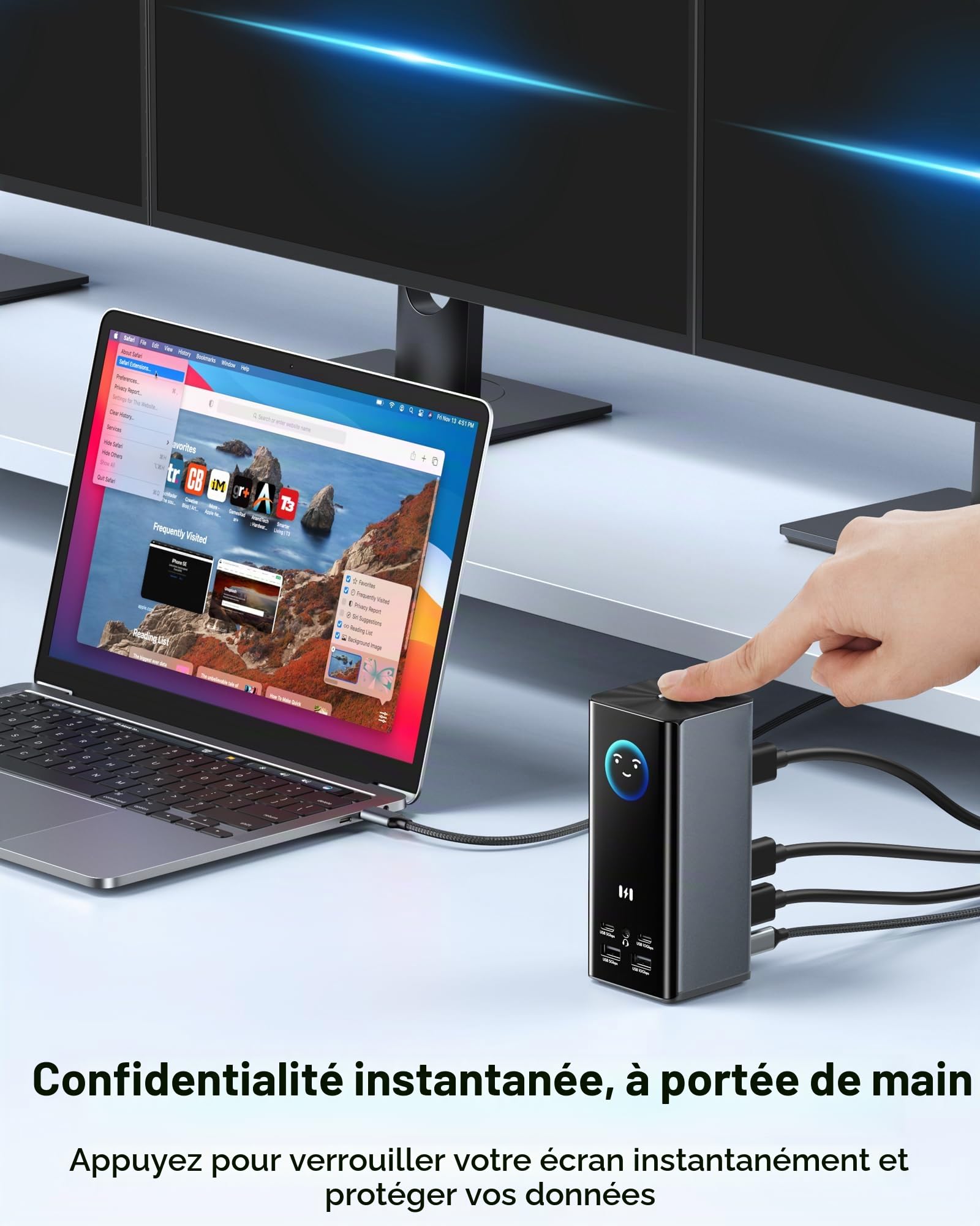 Station d'accueil Docking Station USB C 3 écrans pour Dell/HP/Win&macOS | 17 en 1 Dock USB C Triple Affichage avec 3 HDMI&2 DP, Smart Display, RJ45, 100W PD, 10Gbps USB A/C, SD/TF, Audio
