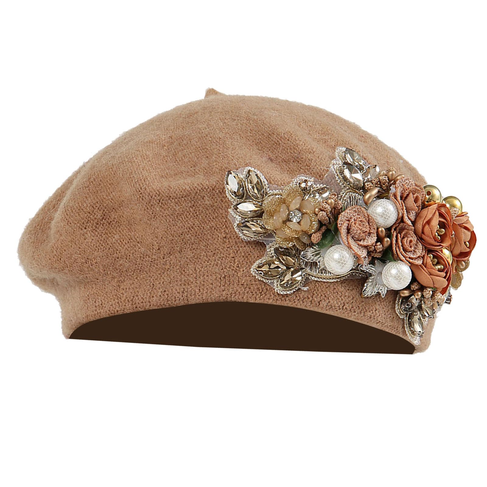 BHFYOB Rhinestones Berets Pearls Studded Flower Painter Hat Artist Hat for Halloween Flower Decorated for Holiday