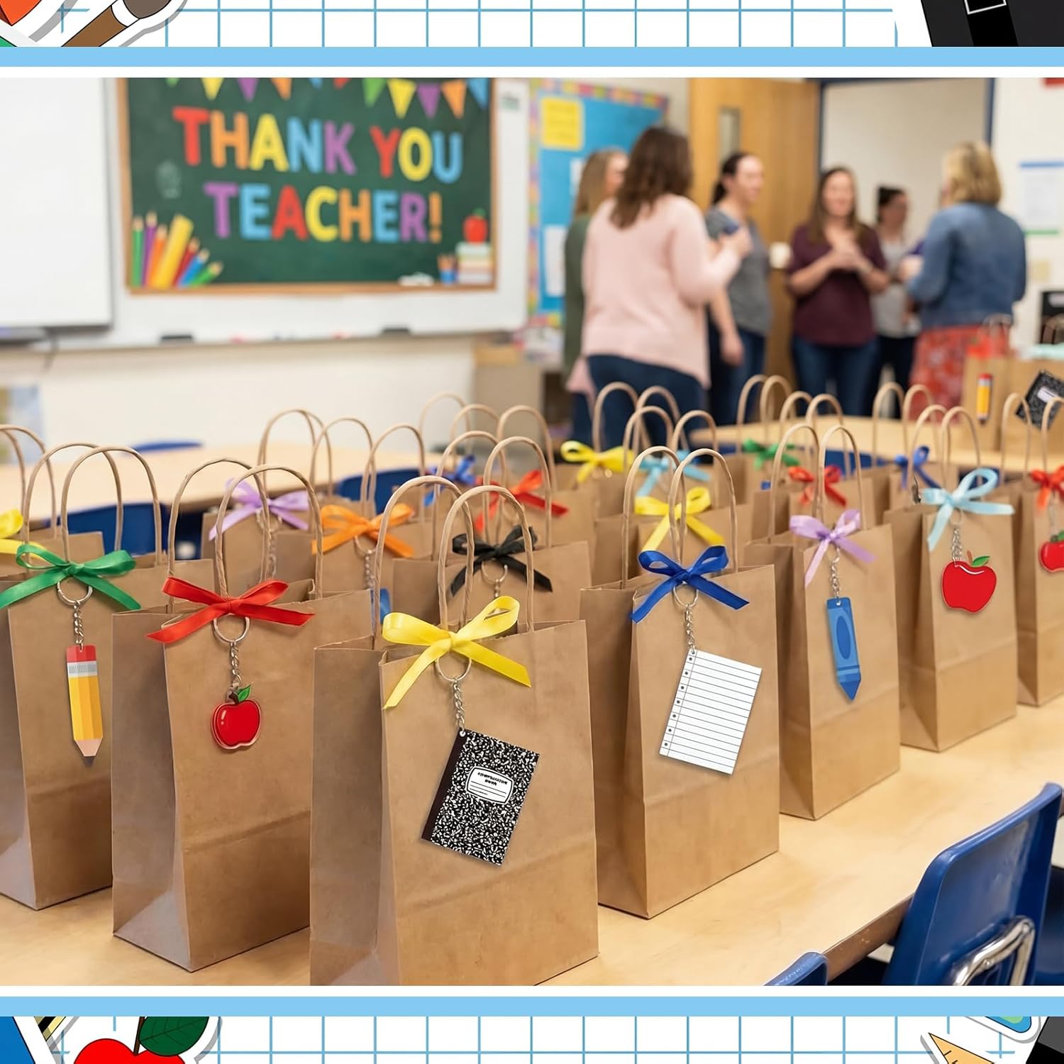 Tondiamo 50 Pcs Acrylic Teacher Keychains Bulk Teacher Appreciation Gifts in Bulk Compesition Book Pencil Crayon Apple Keychain Thank You Gifts for End of Year Graduation Party Favor