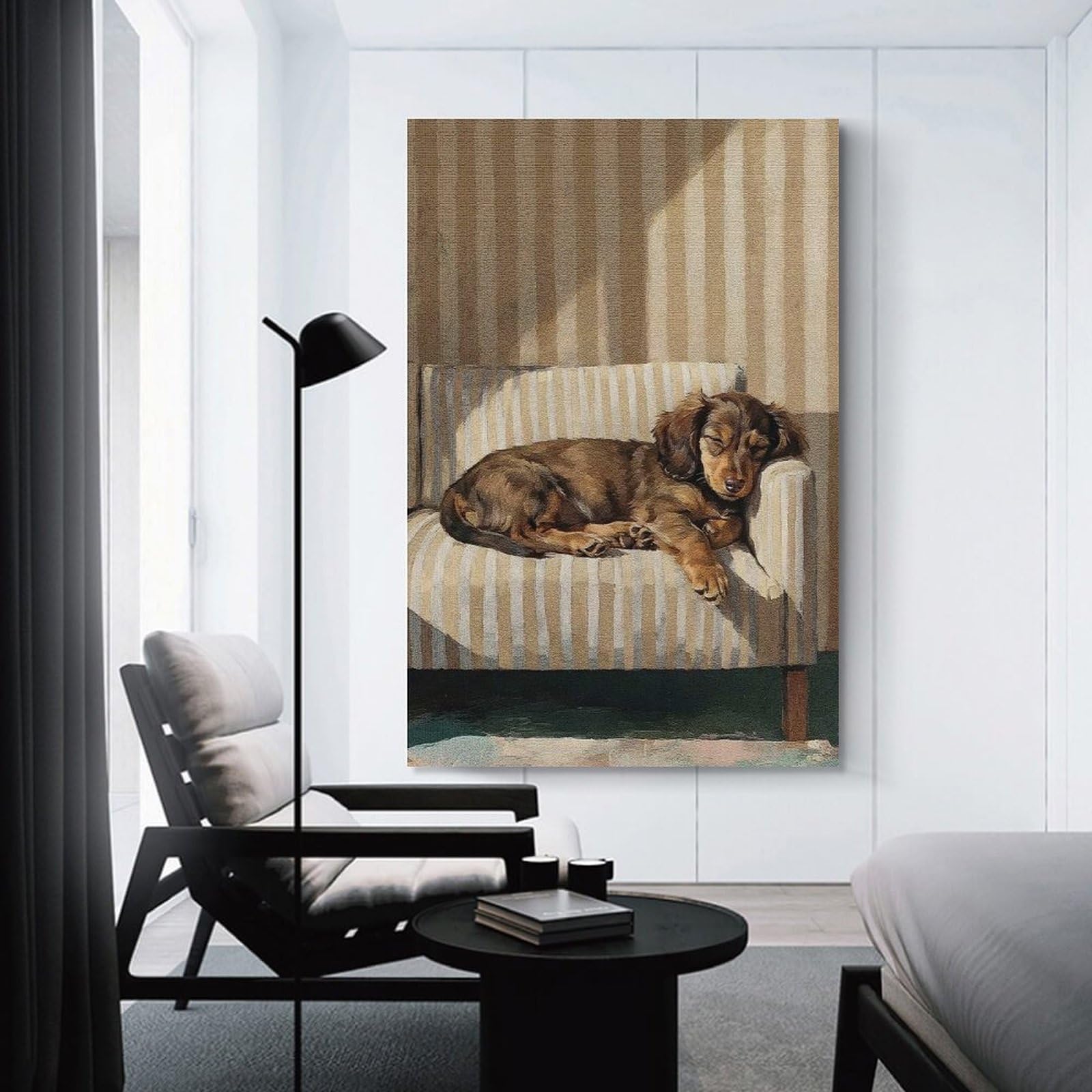 Junmoney Sleeping Dachshund on Striped Couch Wall Art Print 20x30inch(50x75cm), for Gallery Wall Layouts in Home Or Office, An Easy Match for Collected Prints