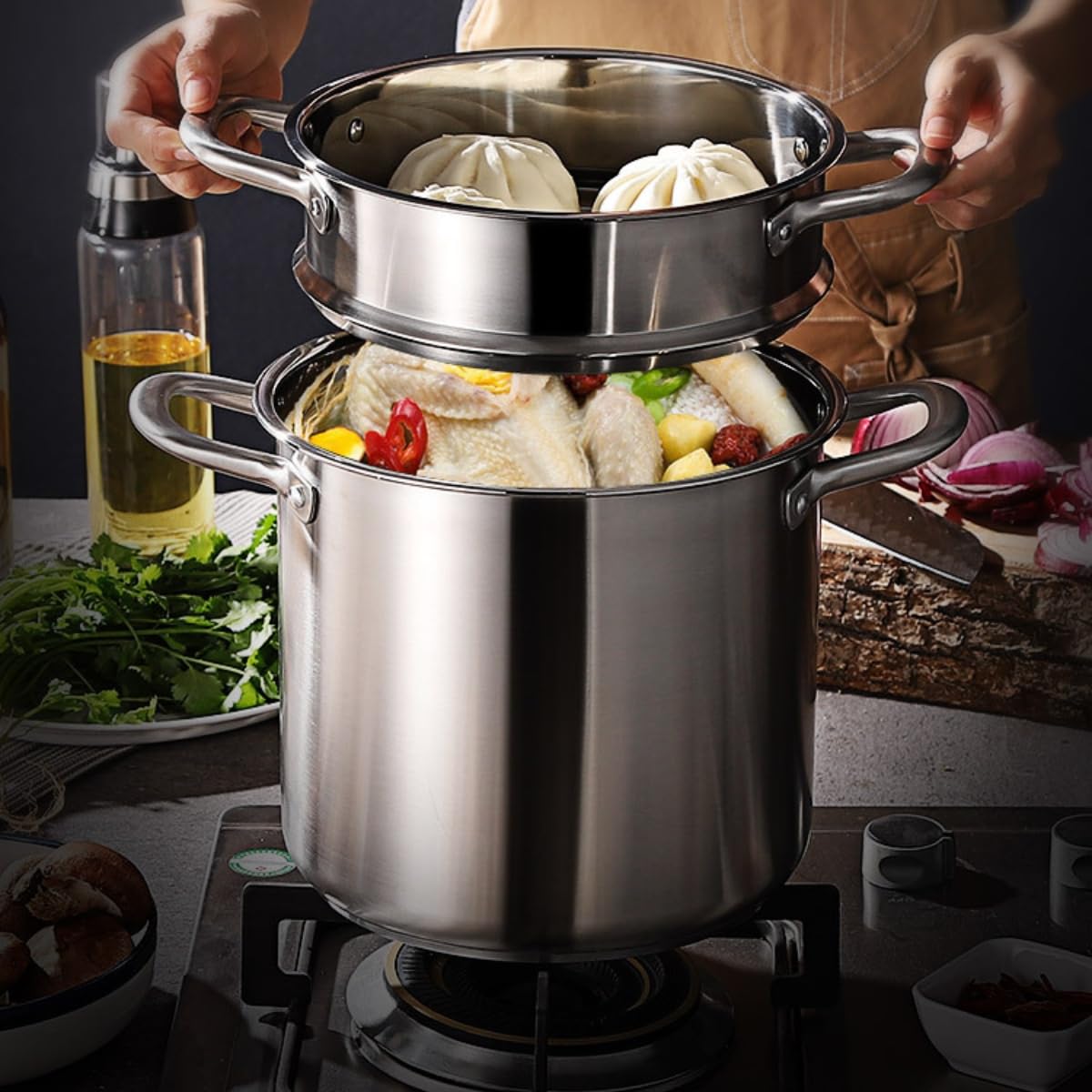 Amazon｜Qobvoeh ステンレス二重鍋 蒸し器付き ステンレス二重鍋