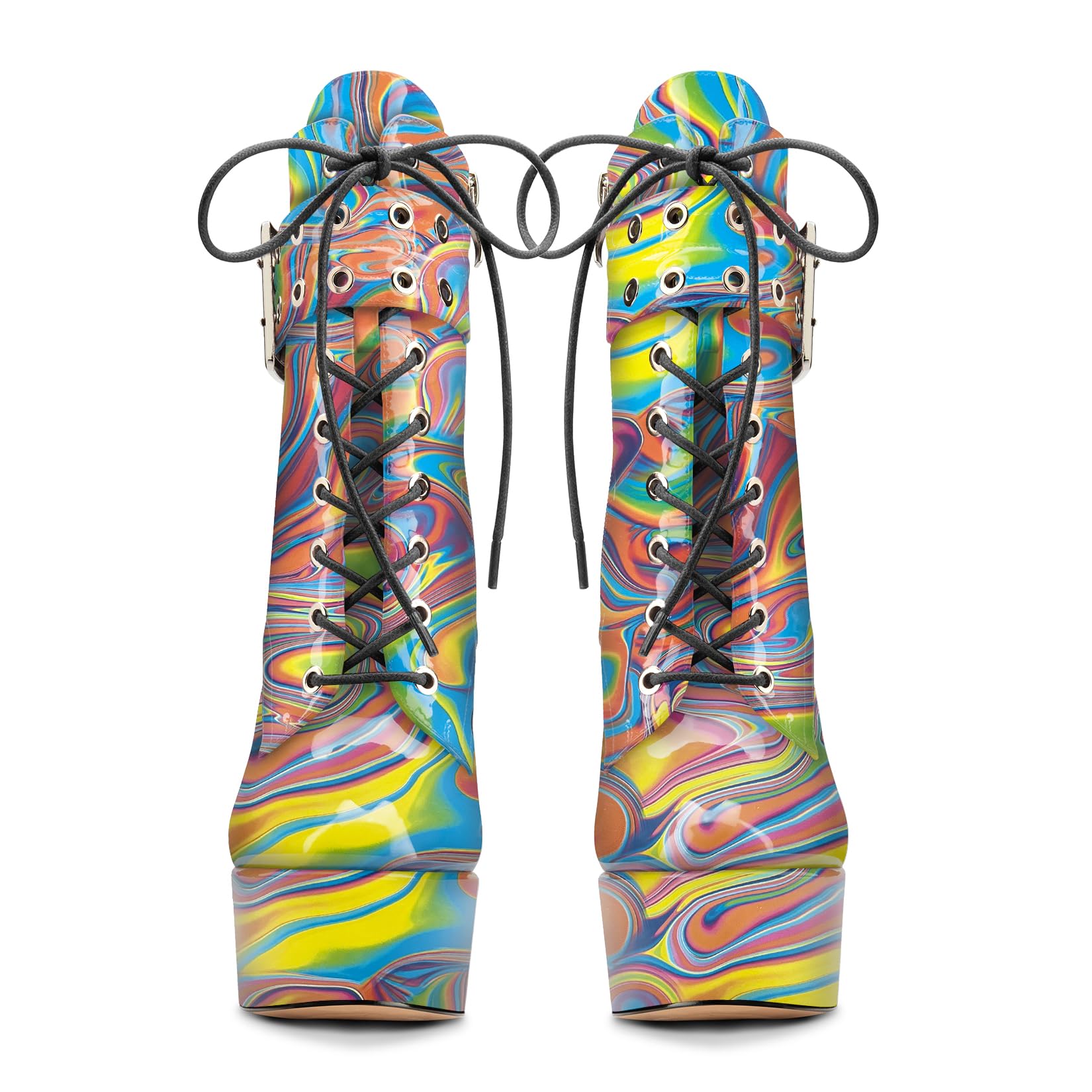 Aachcol Mujer Aguja Alto High Heel Plataforma Botines Redonda Punta Cordones Cremallera Caña Media Cierre con Hebilla Dress Botas