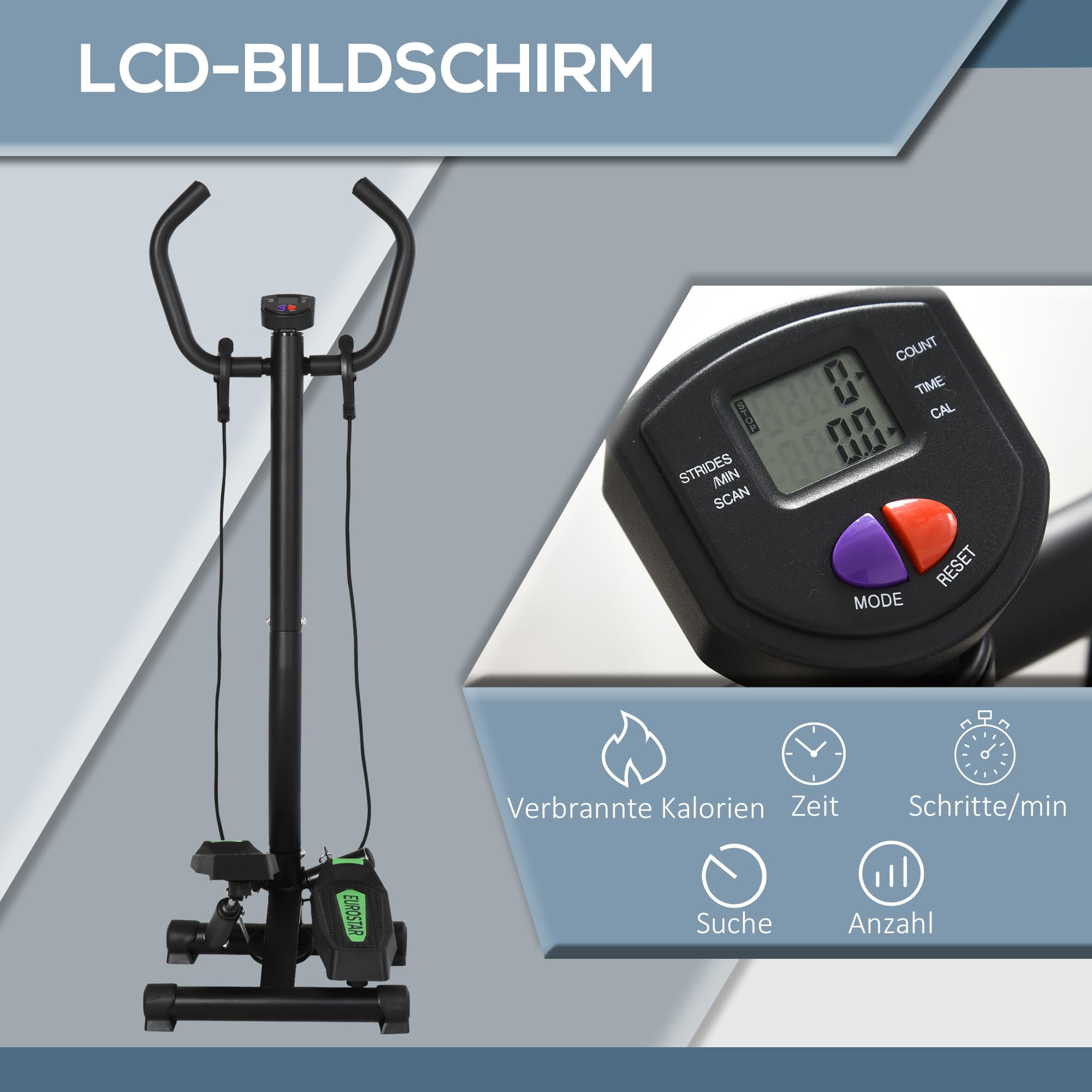 HOMCOM Stepper Sidestepper mit Haltegriff Heimtrainer LCD Display Trainingsbänder Stahl Grün+Schwarz