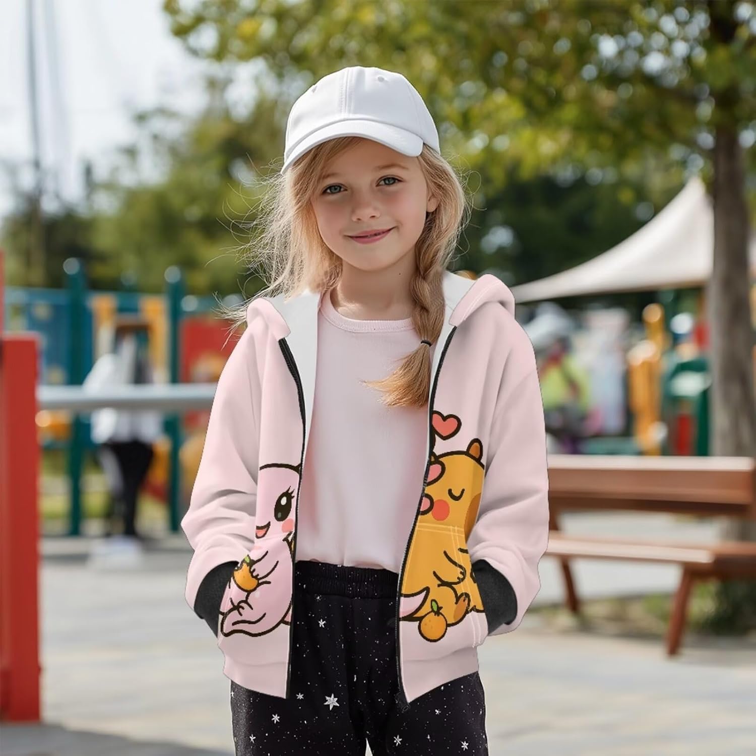 Cartoon Axolotl Girls Hooded Sweatshirt Casual Full Zip Hoodies Soft Plush Athletic Jacket Sportswear
