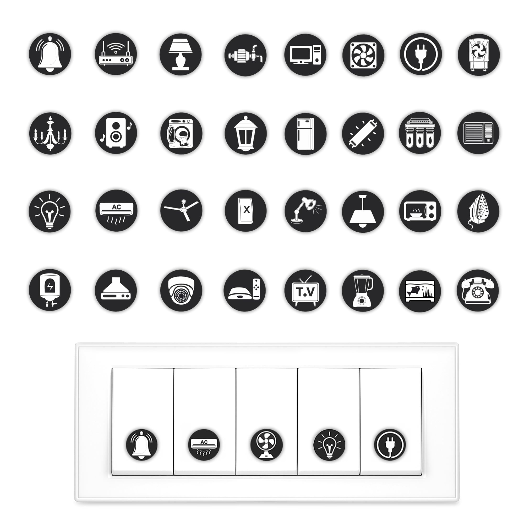 GLUN® Electric Board Switch Stickers, 38 Icons 600 Stickers Set Black Base & White Icon, for All Types of Appliances or Machinery, Fan, Light, Fridge, AC, Switch Stickers