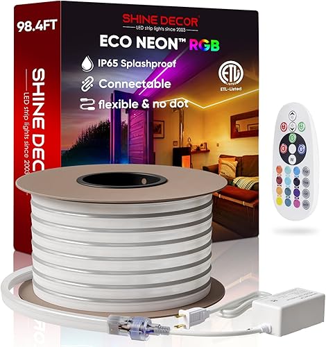 Shine Decor Tira de luces LED RGB de neón de 98.4 pies, con certificación ETL, CA 110-120 V, luces LED de neón SMD5050 80 LEDsm con control remoto,