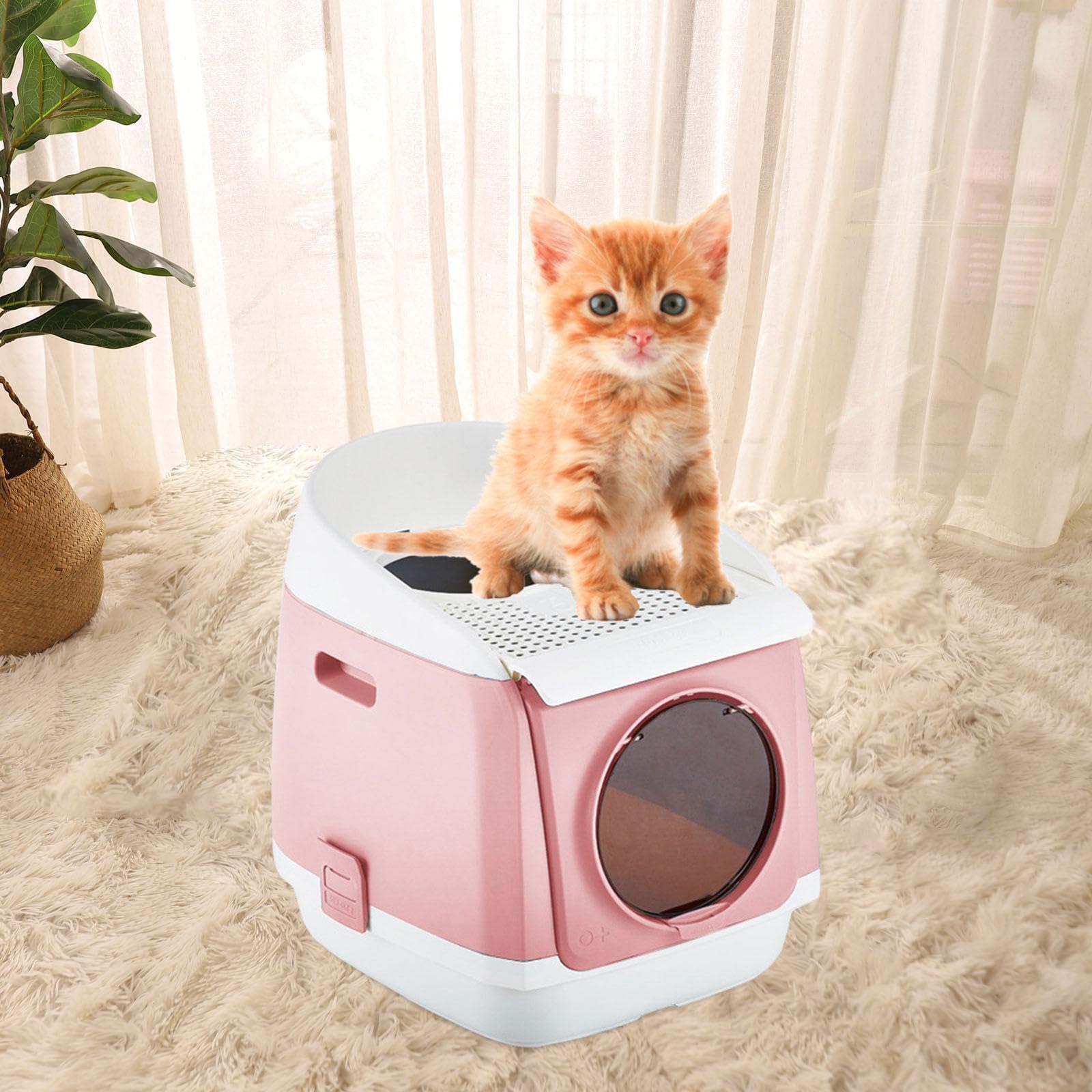 Generic Front Entry Top Exit Kitty Litter Tray, Hooded Odorless Cat Toilet, Cat Litter Tray, Pink