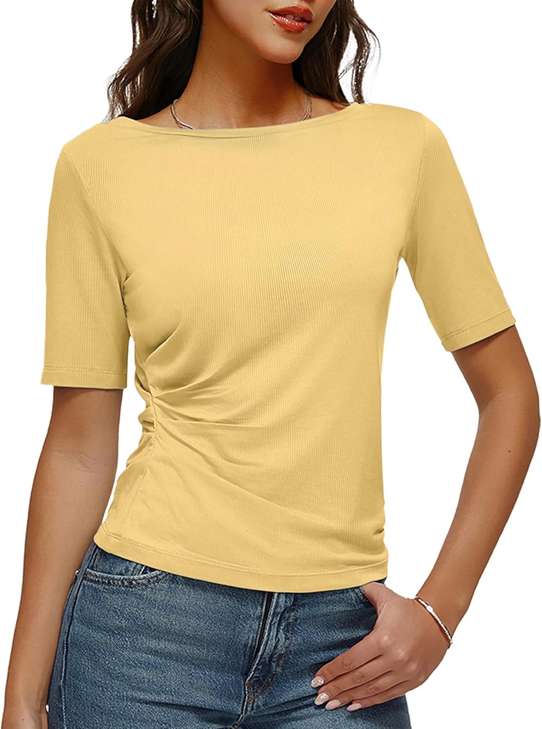 Women's Boat Neck Top Half Sleeve Ruched Side Fitted T-Shirt Basic Casual Slim Tee