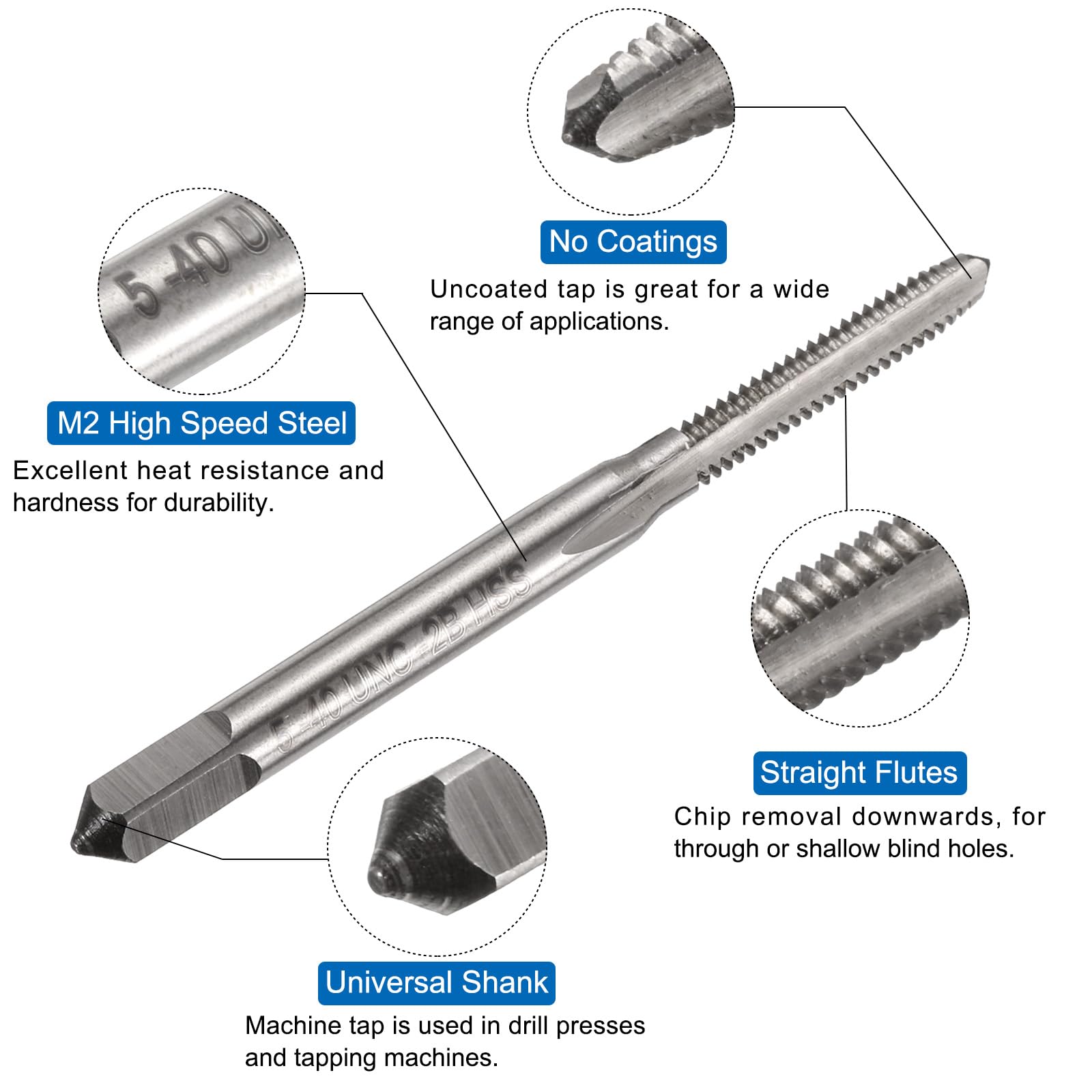 Set di maschi e punte da trapano, 2 maschi per filettatura a scanalatura dritta UNC 5-40 e 2 punte elicoidali da trapano da 2,6 mm rivestite in titanio, utensili per filettatura e maschiatura HSS65