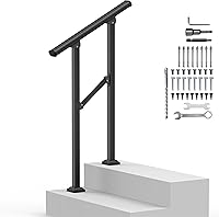 VZNEK Adjustable Outdoor Handrails for 1-2 Steps - Black Iron Stair Railing for Concrete Porch, Seniors Safety, Easy Install, Retro Arch Design