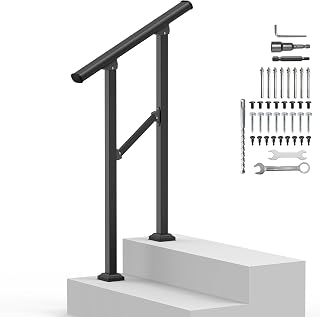 VZNEK Adjustable Outdoor Handrails for 1-2 Steps - Black Iron Stair Railing for Concrete Porch, Seniors Safety, Easy Install, Retro Arch Design