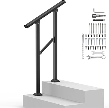 Outdoor Handrails for 1-2 Steps, Stair Railing Kit for Concrete & Porch Steps, Adjustable Black Iron Hand Rail for Seniors, Easy Installation, Retro Arch Design