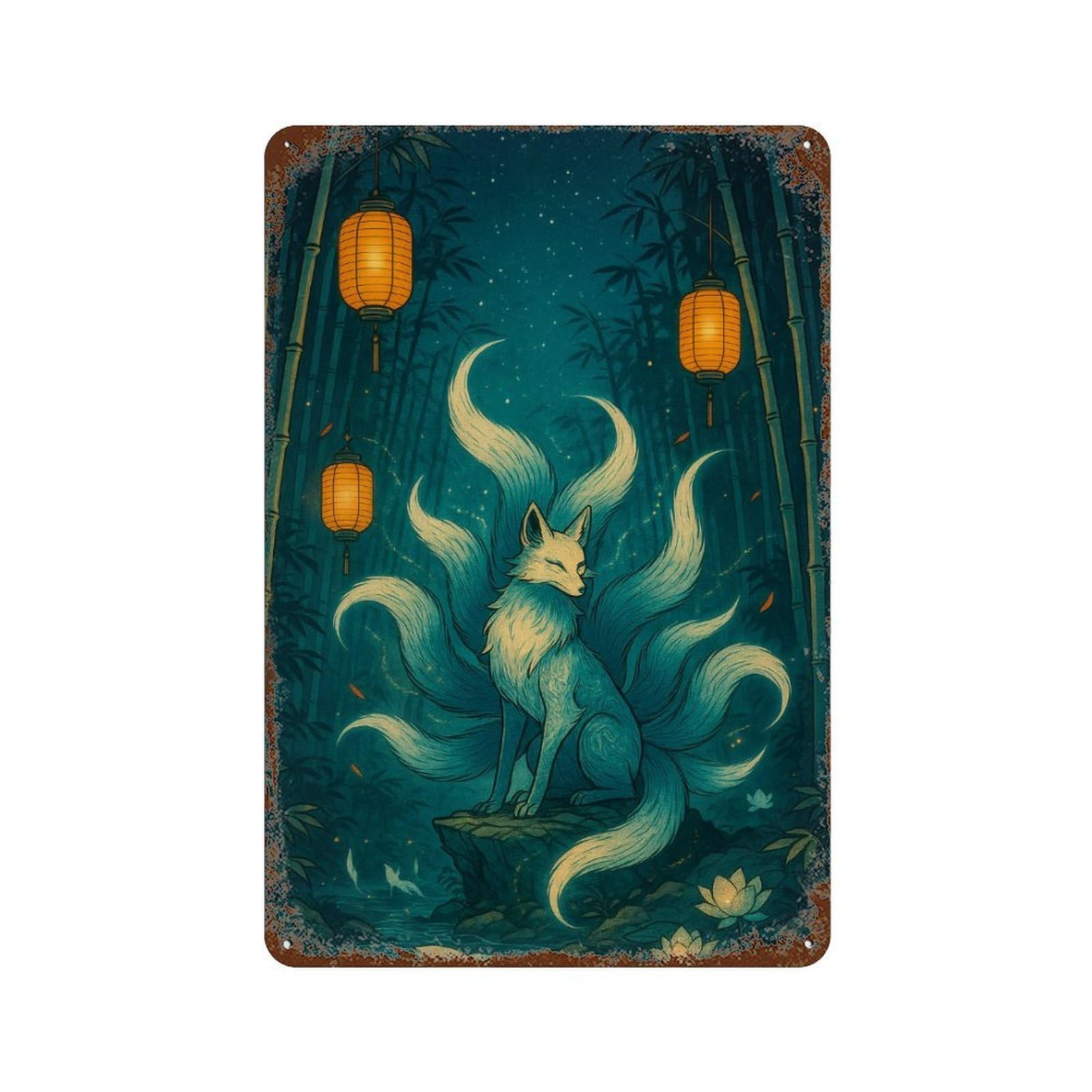 Rust Effect Nine-tailed Fox in Bamboo Forest Rusty Metal Tin Sign 11.8"x7.9", Industrial Home Decor for Living Room, Hallway And Home Decor