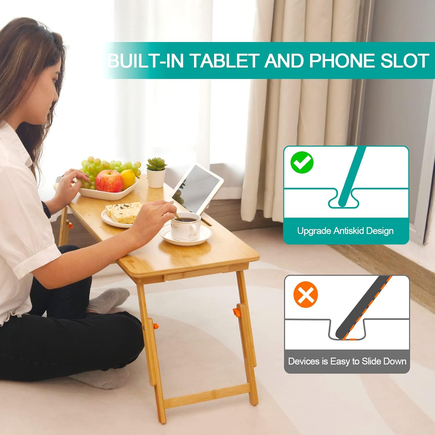 Lap Desk COIWAI Laptop Table Bamboo Writing Eating Bed Tray Adjustable Angle Height Foldable Desk Tray with Tablet Slot Drawer Breakfast Coffee Tea Table for Sofa Couch Floor Large Size image 3
