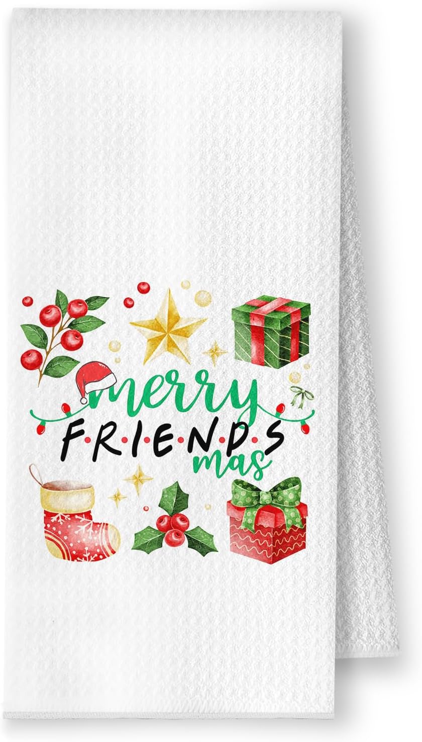 Merry Friendsmas Kitchen Towels, Christmas Best Friends Bestie BFF Gifts Dish Tea Towels, Friendsmas Gifts Decorative Hand Towel for Bathroom Kitchen, 16x24 Inch