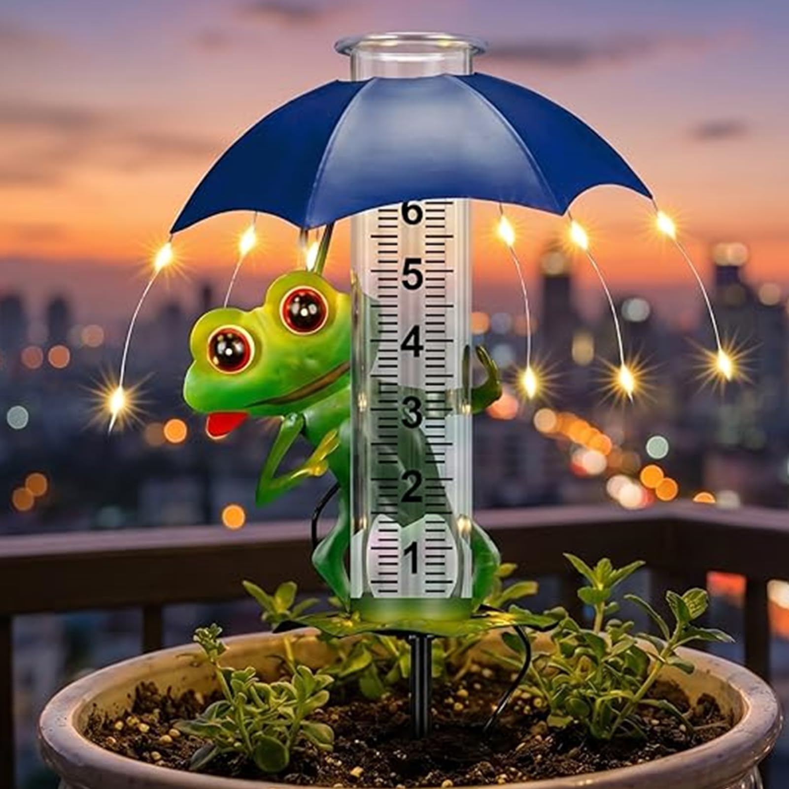 Pluviomètre solaire d'extérieur en forme de grenouille de 17,8 cm avec lumières LED pour cour, patio, décoration de jardin, jauge météo décorative pour jardin, cour, pelouse, terrasse