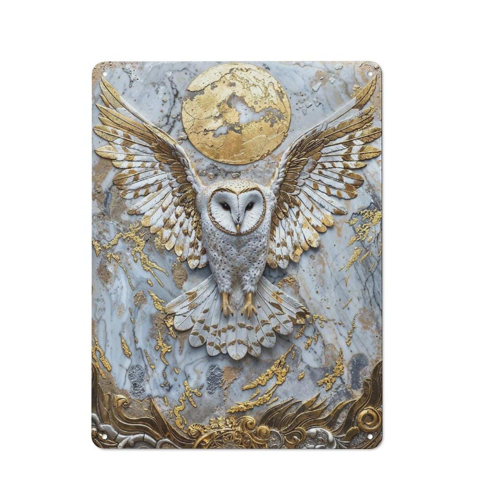 Junmoney Style-14 Industrial Golden Owl Of The Moon Decorative Metal Plaque 40X30cm, Studio Wall Art For Flat, Bar, Studio Or Gallery Wall