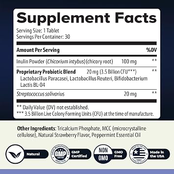 BrainSync Probiotic Tablets, 3.6 Billion CFU 30 Ct, 1 Month Supply