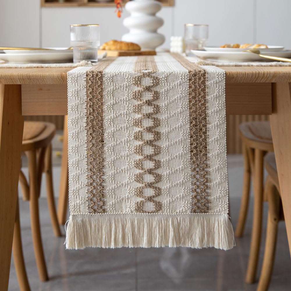 Odot Table Runner Vintage Fringe Boho, Seasonal Fall Winter Machine Washable Kitchen Dining Table Decoration long tablecloth, for Thanksgiving Events Home Party Decor (30x350cm,Khaki white B)
