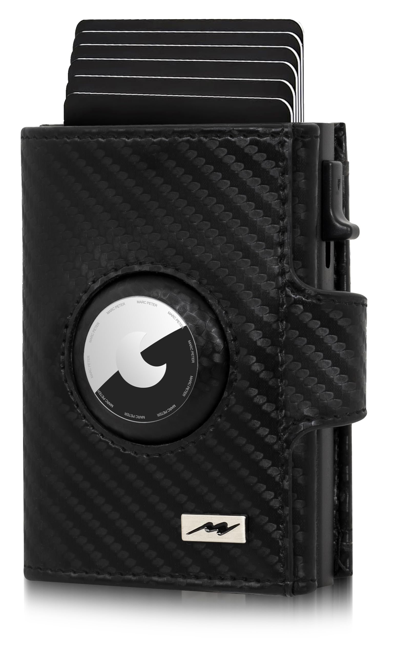 Marc Peter® Chicago Carbon Leder Push Air Slim Wallet - Airtag Geldbörse mit Münzfach - RFID Schutz kleines Mini Portmonee Leder XL MÜNZFACH