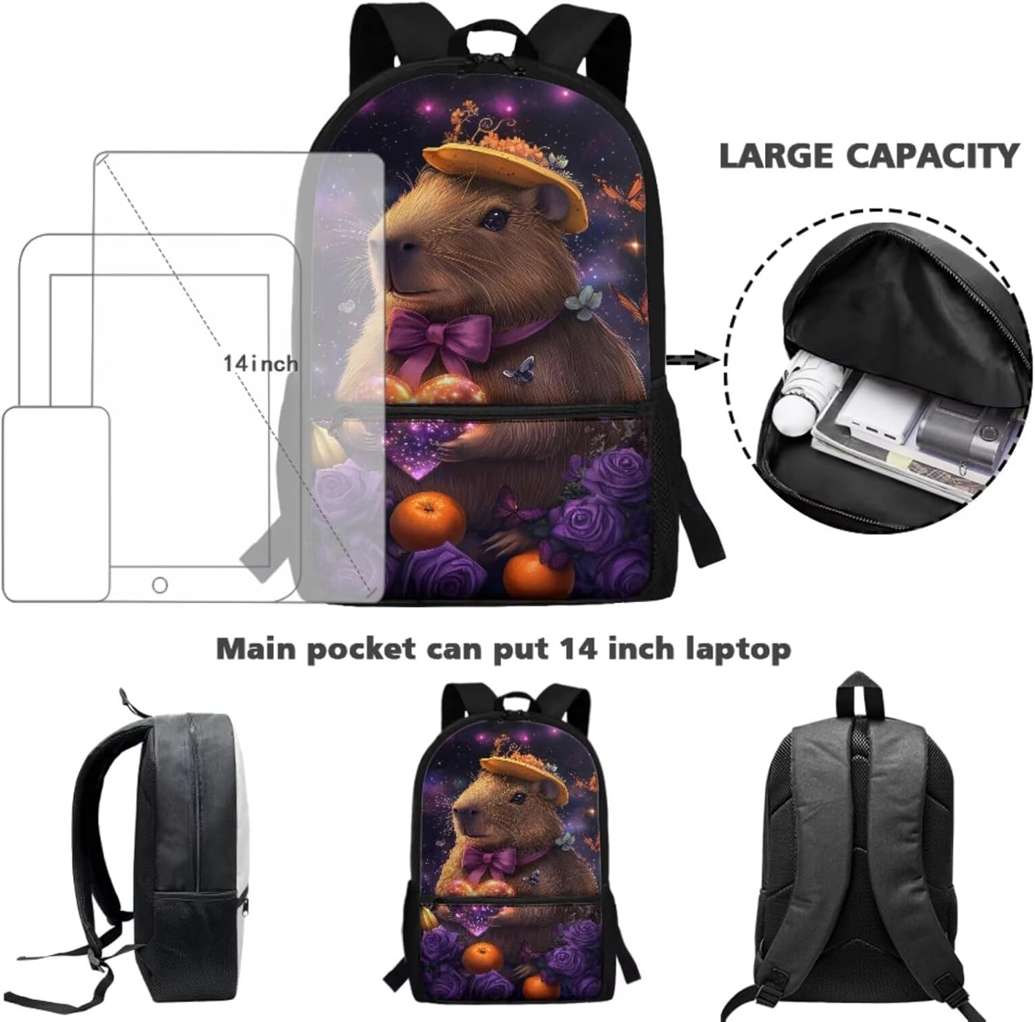 JEOCODY Capybara Backpack for Girls School Bag with Lunch Bag Water Bottle Holder and Pencil Pouch 17 Inch Boys School Bookbag for Hiking Picnic Casual Rucksack Daypack