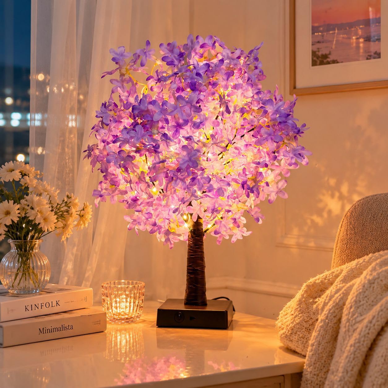 Luz nocturna de árbol rosa, lámpara ambiental de brillo suave para dormitorio, decoración romántica de mesa de cerezo, luz LED alimentada por USB para sala de estar, regalo para el día de San Valentín