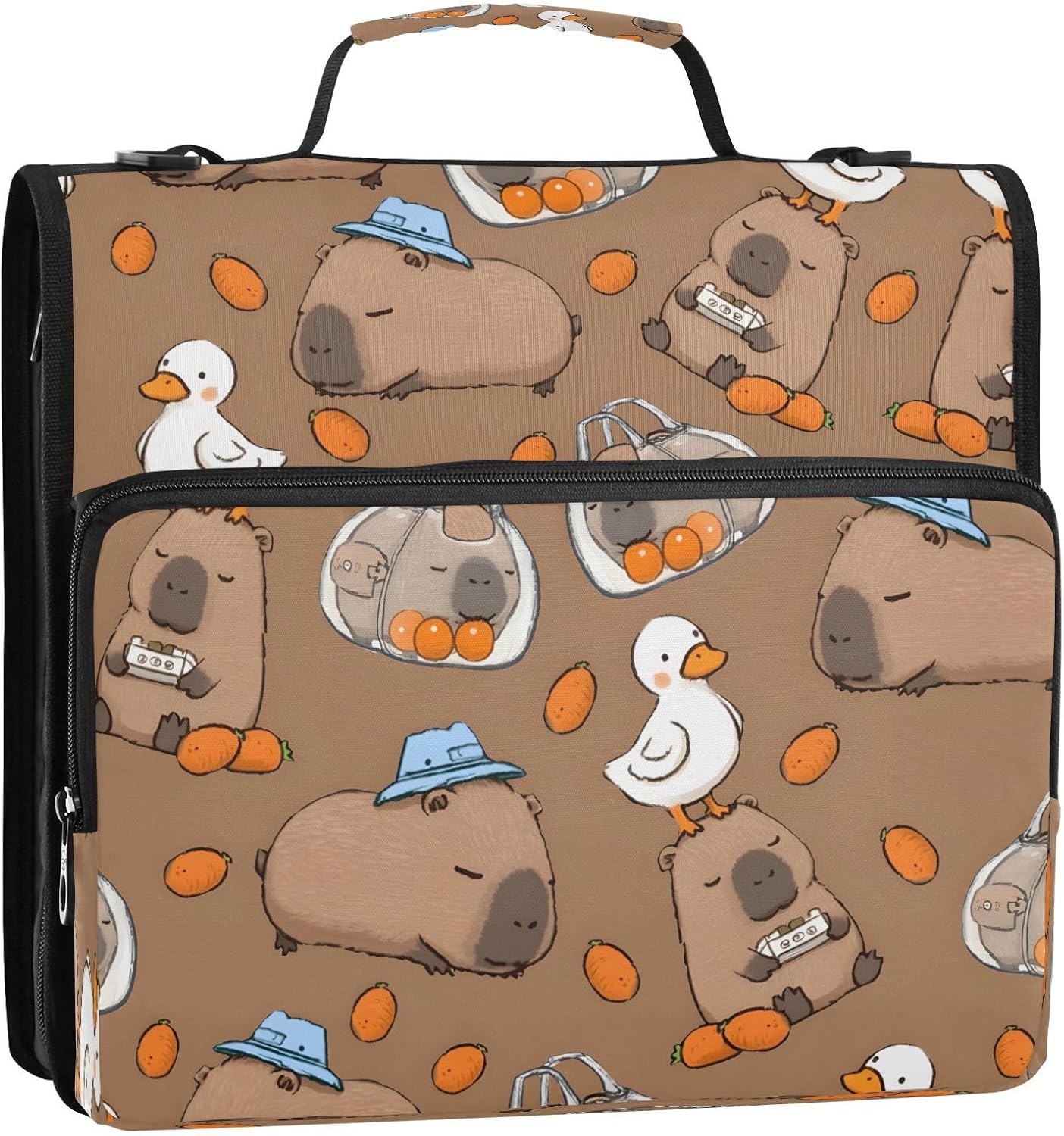 ALAZA Zipper Binder 3 Ring Cute Capybara White Ducks Binder Organizer with Zipper and Shoulder Strap Large Capacity Multi-Pocket Trapper Keeper File Folder for Office Supplies